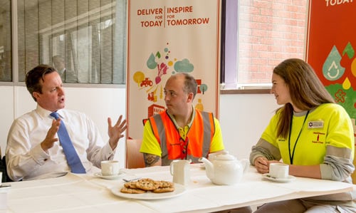 PM David Cameron at Coca Cola Enterprises' Wakefield plant speaking with 2014 Food Zone engineer, Danielle Epstein | Image © Stonehouse Photographic